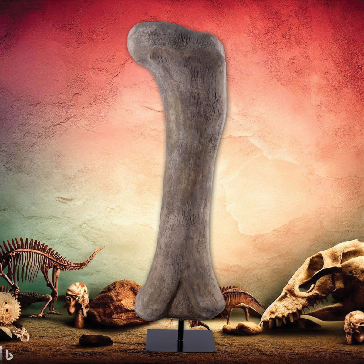 Natureworks Australia Apatasaurus Femur Fossil Bone on metal base - 140058 - shwon with background