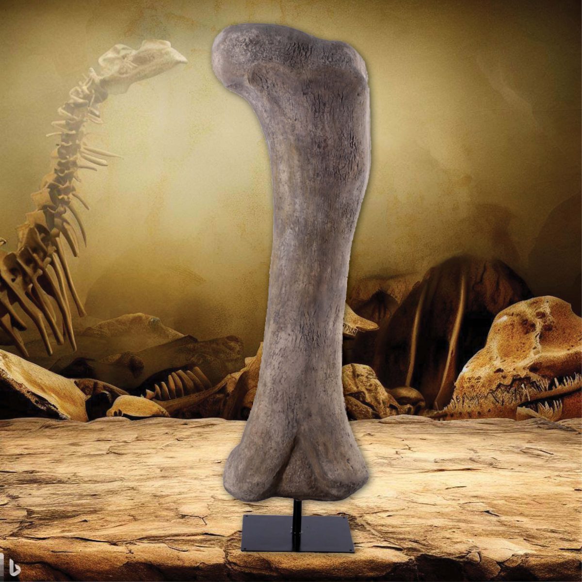Natureworks Australia Apatasaurus Femur Fossil Bone on metal base - 140058 - shown with prehistoric background