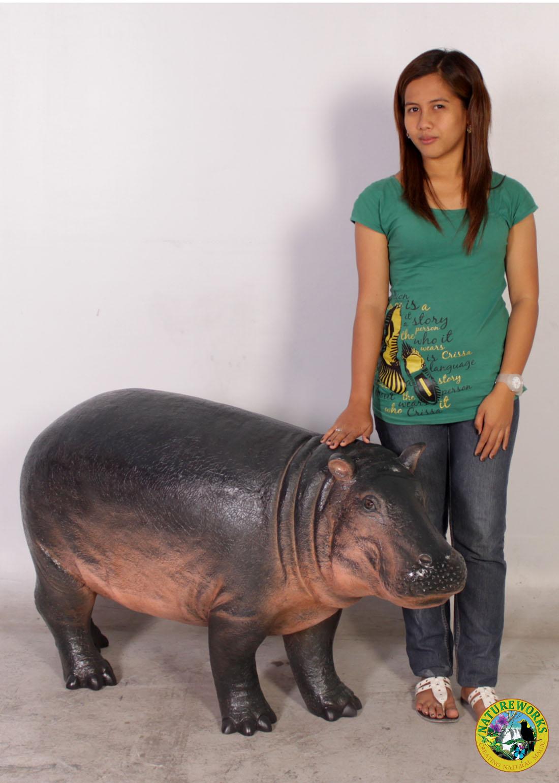 Natureworks Australia Hippopotamus calf statue standing -140043-with lady