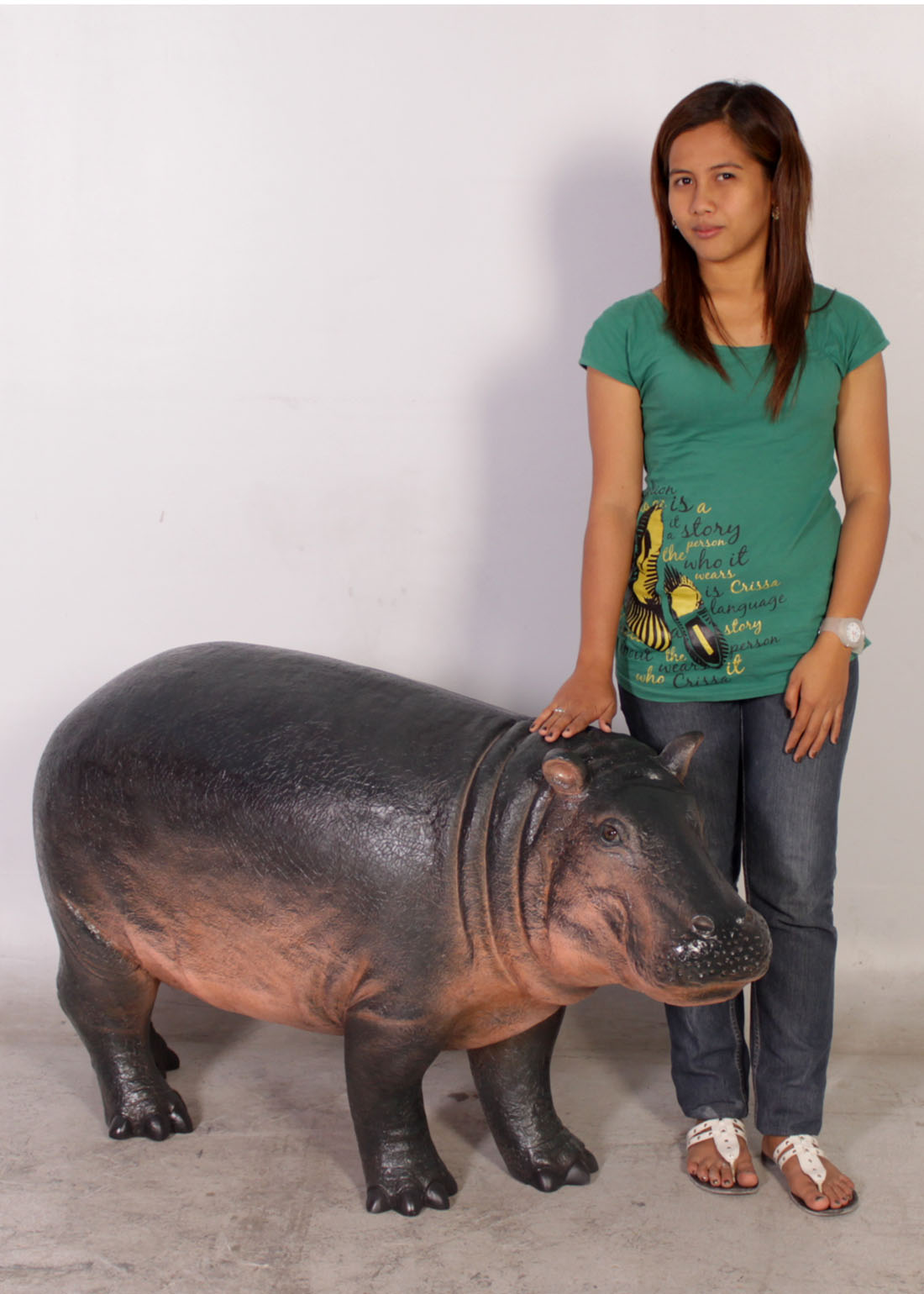 Natureworks Australia Hippopotamus calf statue standing -140043-with lady