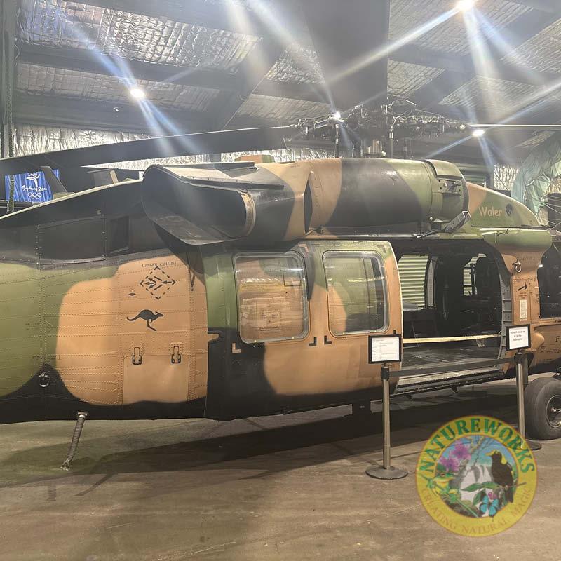 Natureworks Australia Black Hawk helicopter - shown in aircraft hanger side view