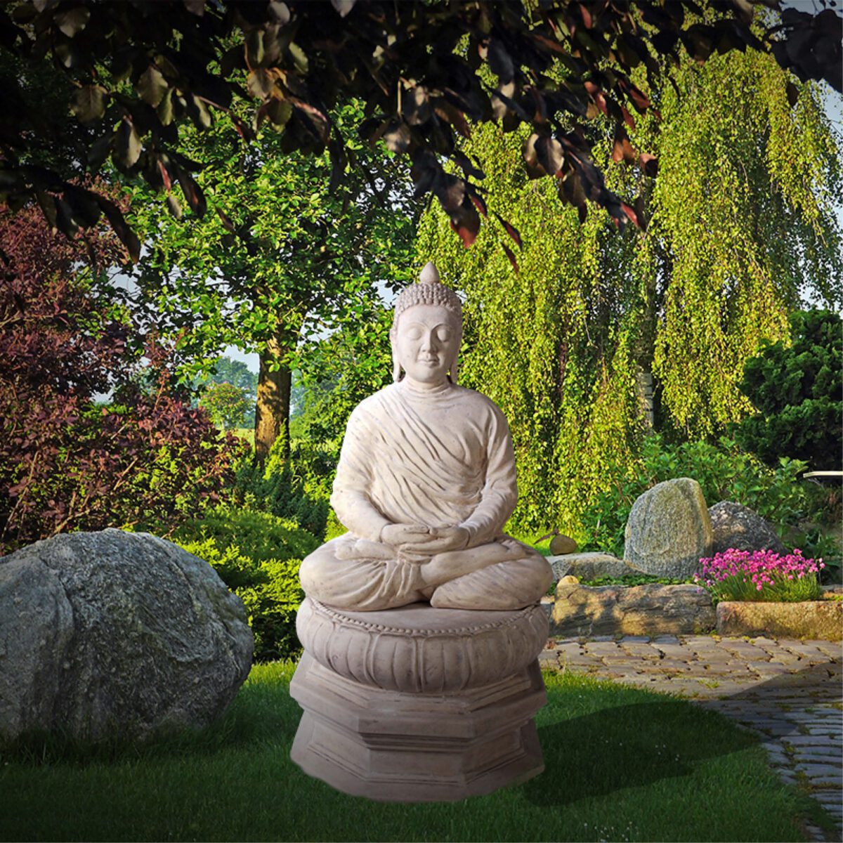 Natureworks Australia Buddha_Divine_On_Lotus_Leaf_Roman Stone-030414RS - shown with garden background