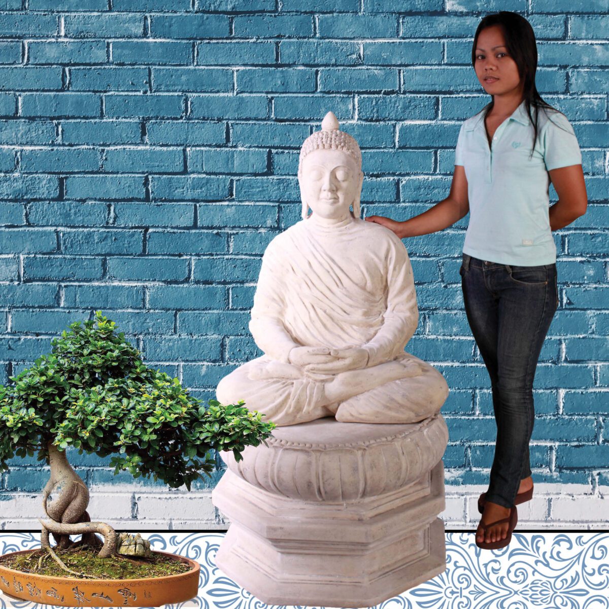 Natureworks Australia Buddha_Divine_On_Lotus_Leaf_Roman Stone-030414RS - Shown iwht lady