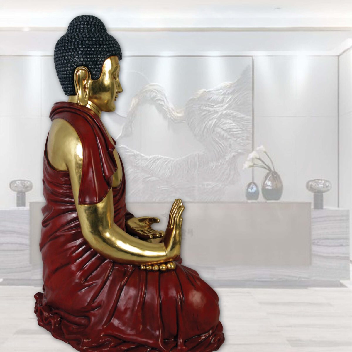 Natureworks Australia Buddha - Giant red with gold leaf finish statue - in sitting pose - SKU 120042 - side view