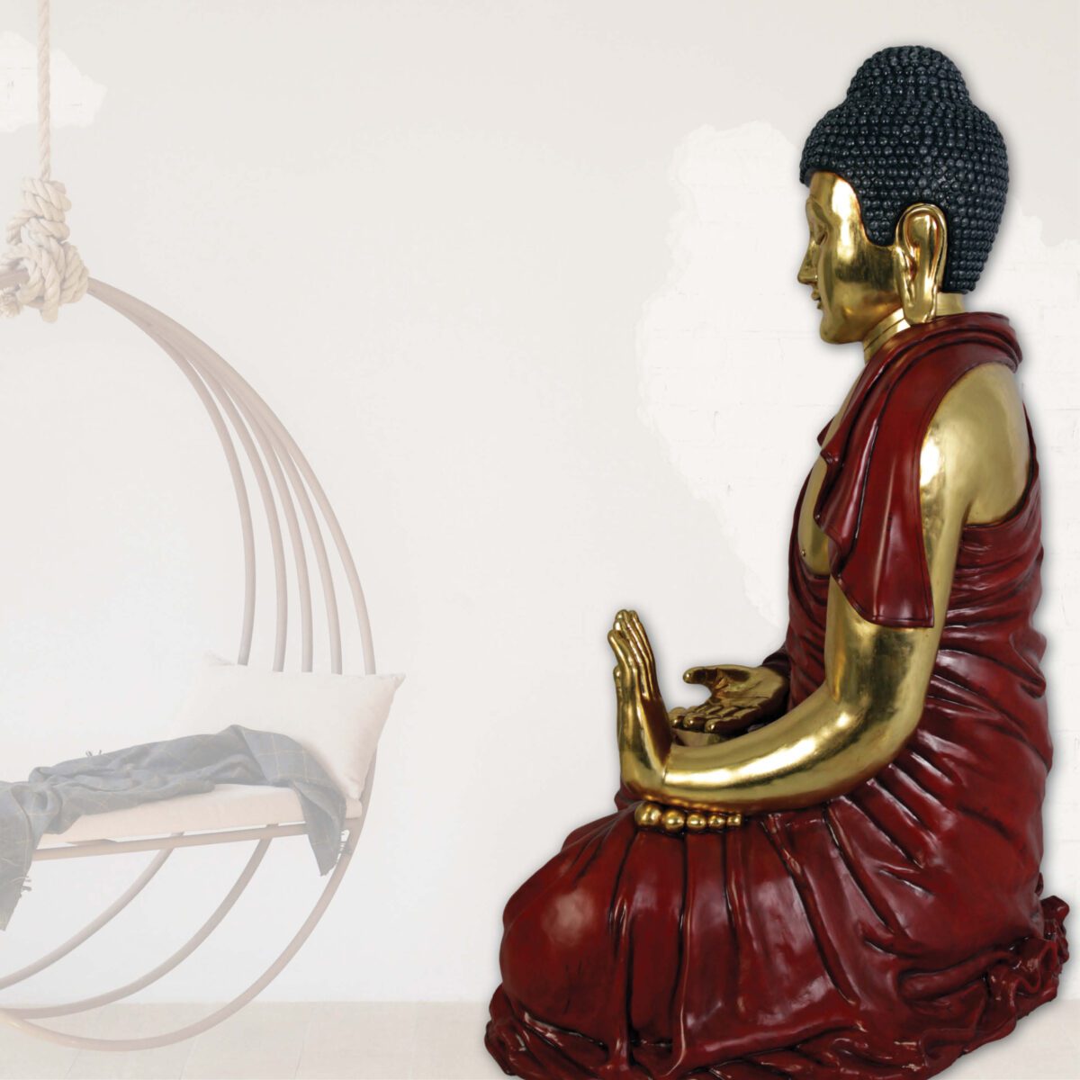 Natureworks Australia Buddha - Giant red with gold leaf finish statue - in sitting pose - SKU 120042 - side view with chair swing