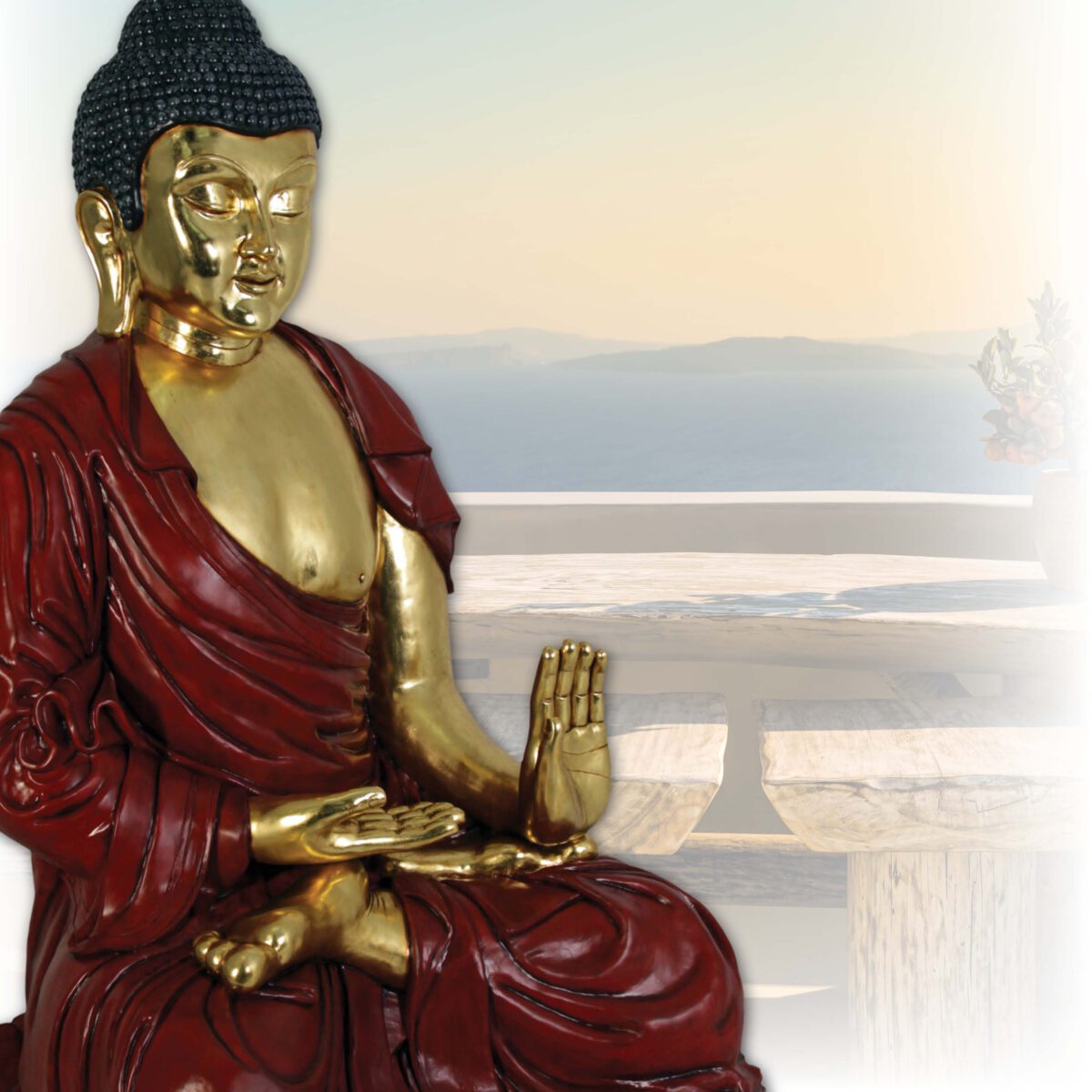 Natureworks Australia Buddha - Giant red with gold leaf finish statue - in sitting pose - SKU 120042 - angle view with lake in background