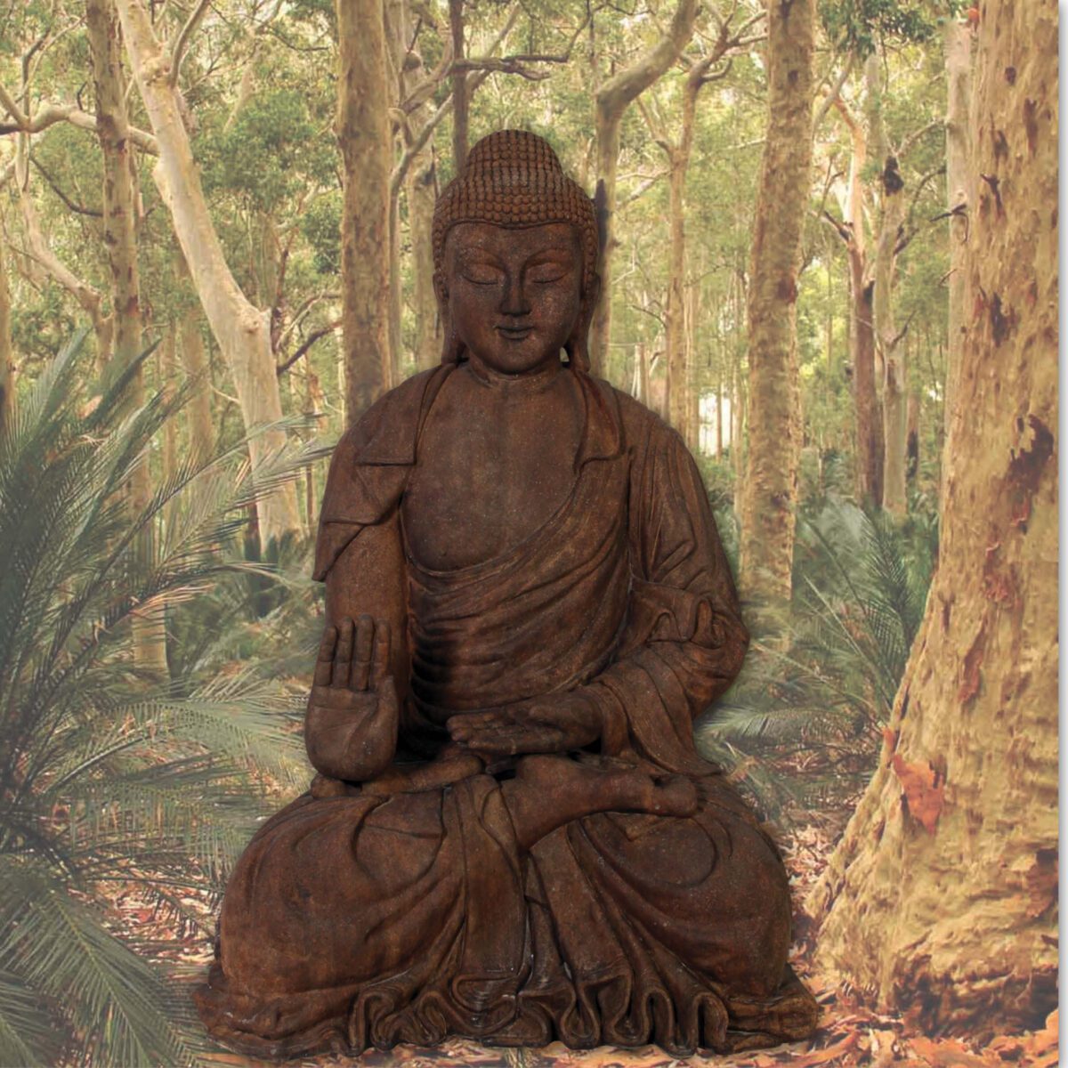 Natureworks Australia Buddha - Giant brown statue - in sitting pose - SKU 120042CC- - with wooldland bacground