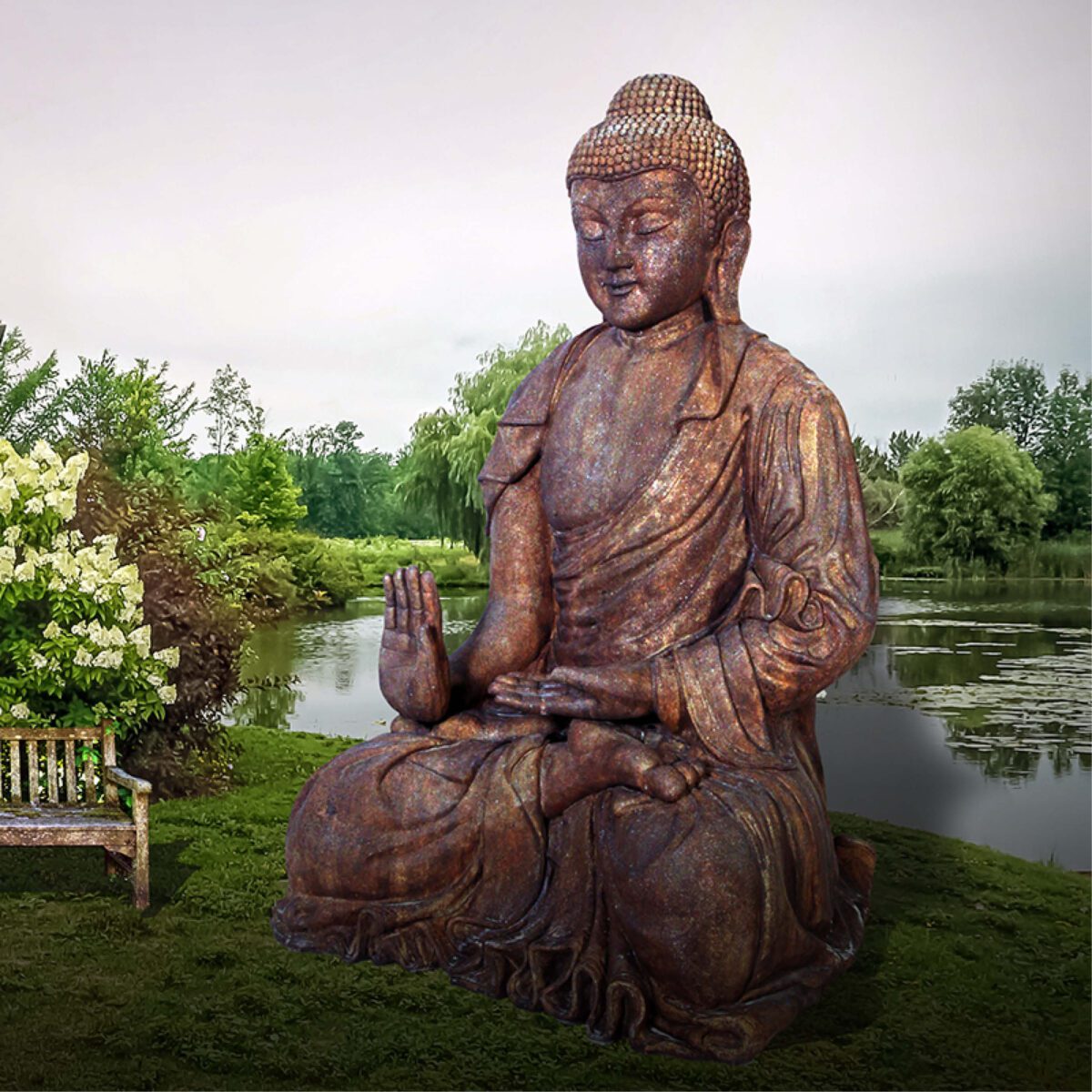 Natureworks Australia Buddha - Giant brown statue - in sitting pose - SKU 120042CC- showing Buddha next to lake -