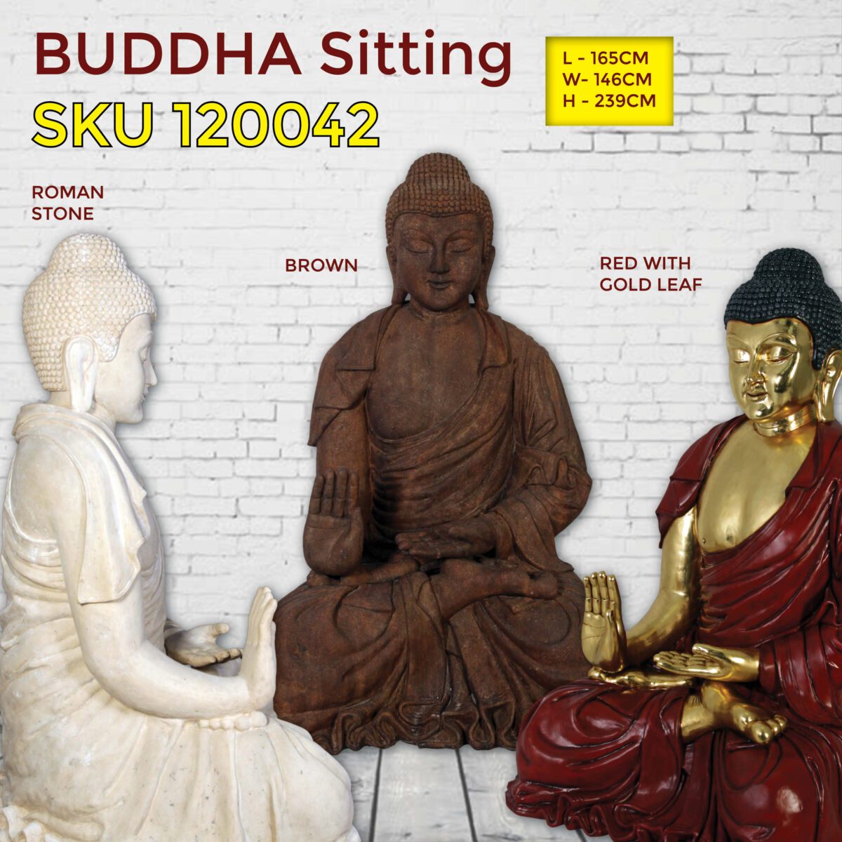 Natureworks Australia Buddha - Giant Roman Stone statue - in sitting pose - SKU 120042RS showing various colour versions available