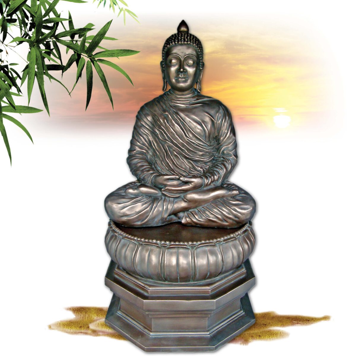 Natureworks Australia Buddha Divine on lotus leaf- Statue - Bronze finish - SKU 030414B shown with sky background