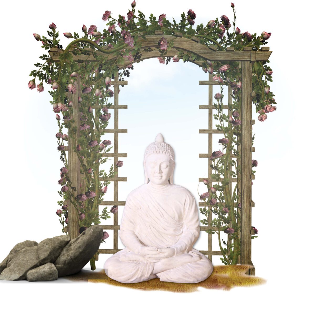 Natureworks Australia Buddha Divine- 030415RS 83cm hi - Roman stone finish - in sitting pose- shown outside under arbour