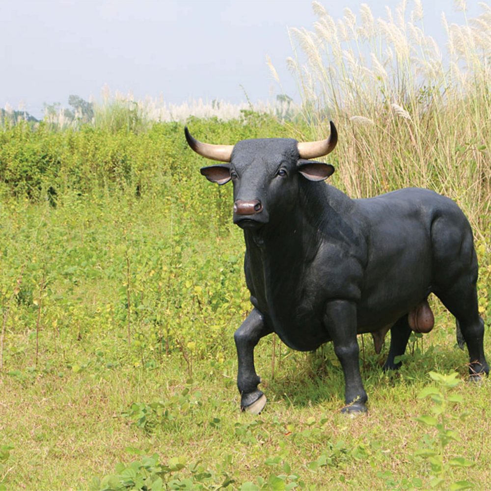 Spanish bull sculpture – black finish with front leg raised
