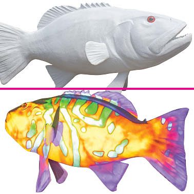 Natureworks Australia Coral Trout - White - Giant for public art displays and events - 120045White - showin with colour laser light shining on display - in Cairns Queensland - showing white and coloured versions together