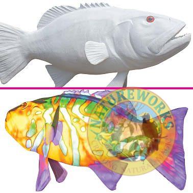 Natureworks Australia Coral Trout - White - Giant for public art displays and events - 120045White - showin with colour laser light shining on display - in Cairns Queensland - showing white and coloured versions together