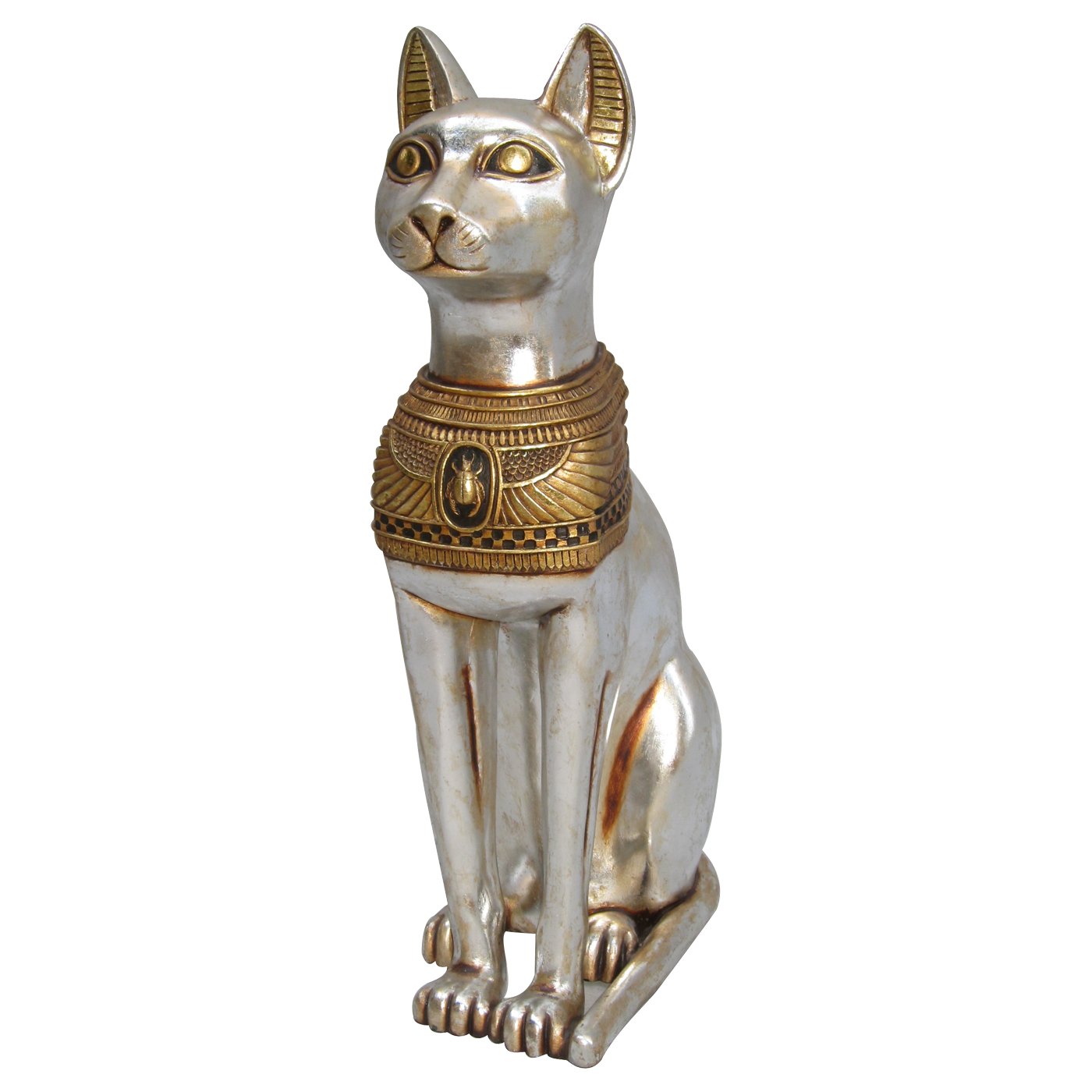 Natureworks Australia Egyptian Cat Goddess - AFCAG - sitting pose in Silver and gold leaf details - very elegant statue - front view