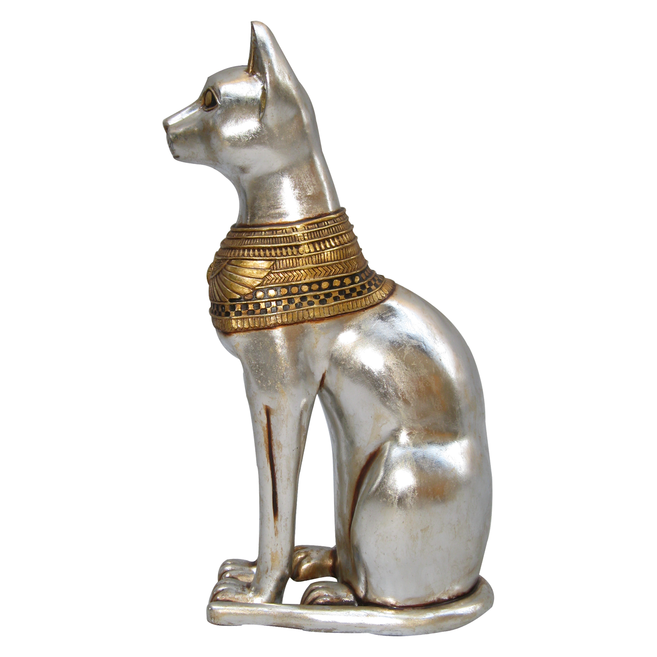 Natureworks Australia Egyptian Cat Goddess - AFCAG - sitting pose in Silver and gold leaf details - very elegant statue - side view- looking left