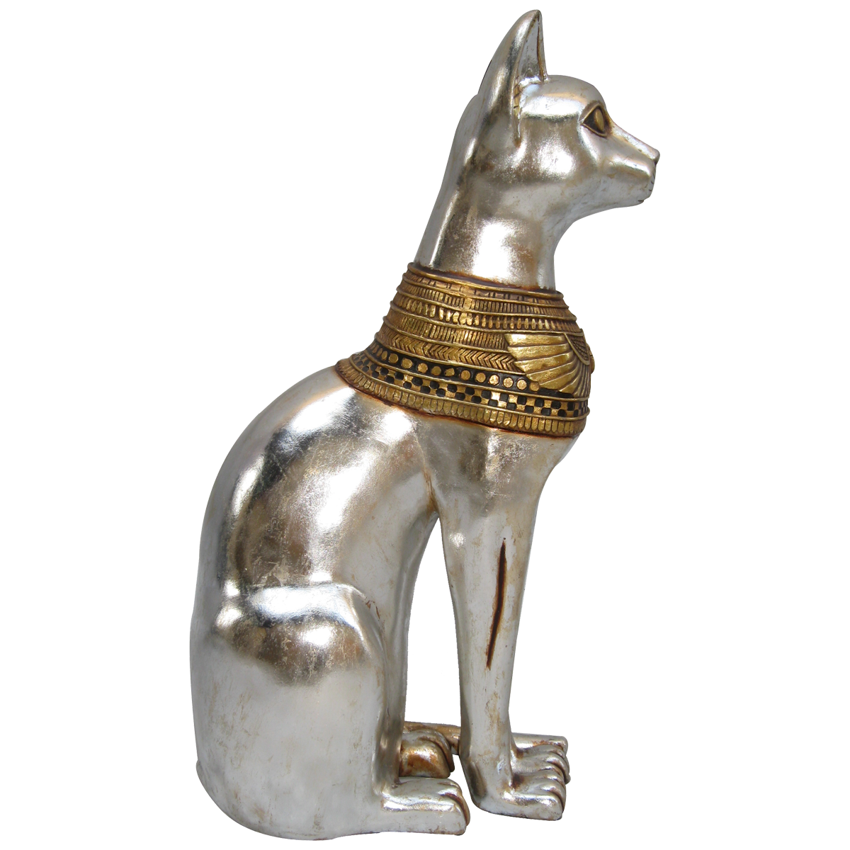 Natureworks Australia Egyptian Cat Goddess - AFCAG - sitting pose in Silver and gold leaf details - very elegant statue - side view