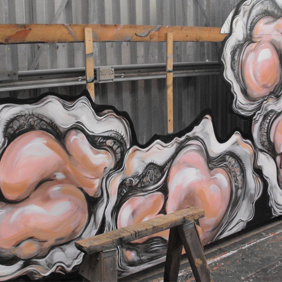 Natureworks Australia Catch a crab - Mural and giant nippers entry statement - showing oyster mural in production at Natureworks