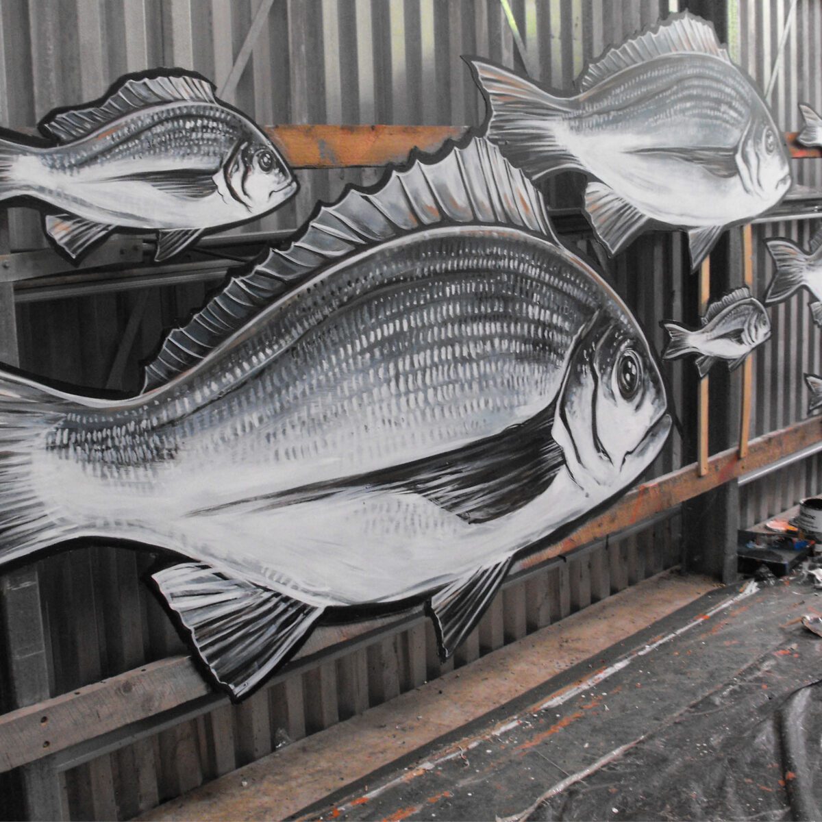 Natureworks Australia Catch a crab - Mural and giant nippers entry statement- showin fish mural in production at Natureworks