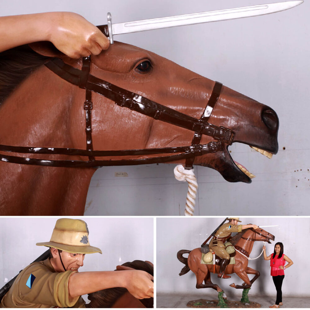 Charge at Beersheba 130032 life size coloured -close up of horse head and rider shown with lady-Australian military History - Life-size horse and rider
