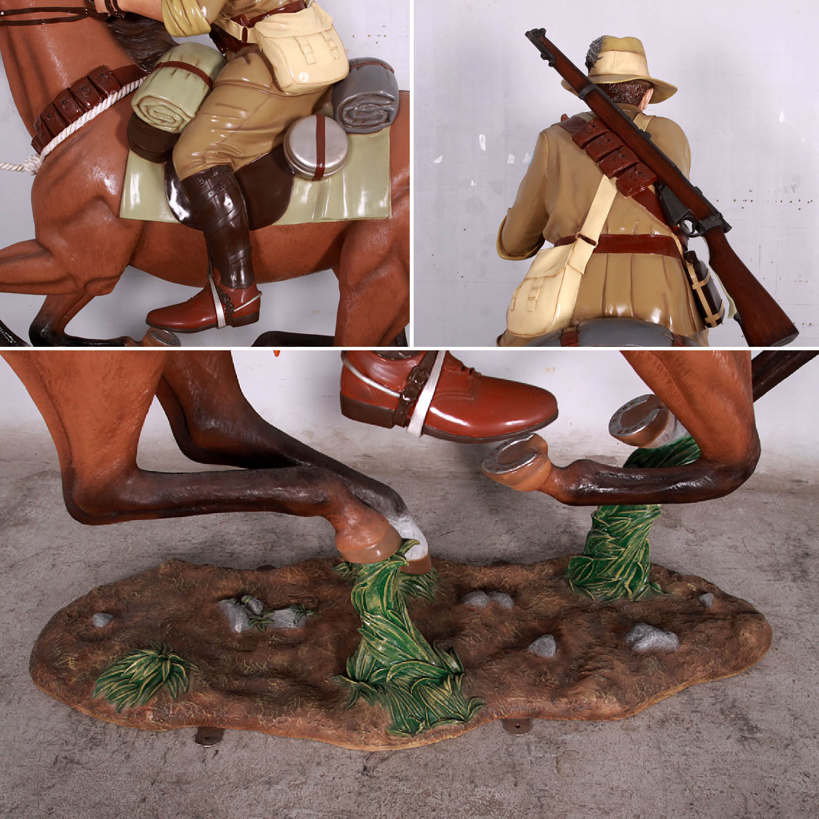 Natureworks Australia Charge at Beersheba 130032 life size coloured -various views - base plate- rear view showing rifle, - Australian military History - Life-size horse and rider sculpture