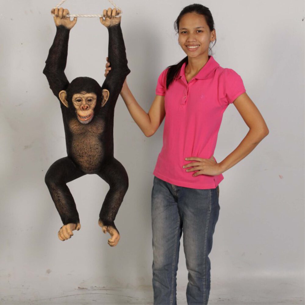 Natureworks Australia Chimpanzee hanging - 120040 statue - shown with lady