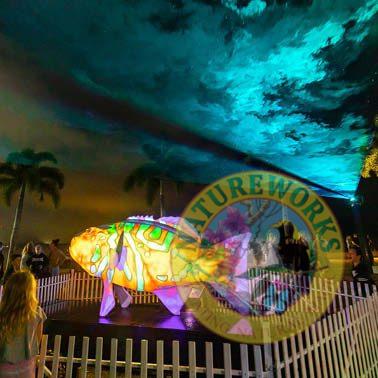 Natureworks Australia Coral Trout - White - Giant for public art displays and events - 120045White - showin with colour laser light shining on display - in Cairns Queensland - shown with coloured light