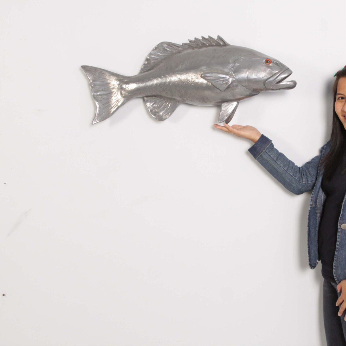 Natureworks Australia Coral trout - Polished Aluminium finish - 120051 - life-size fibreglass replica - hand painted and manufactured - wall decor - shown with lady