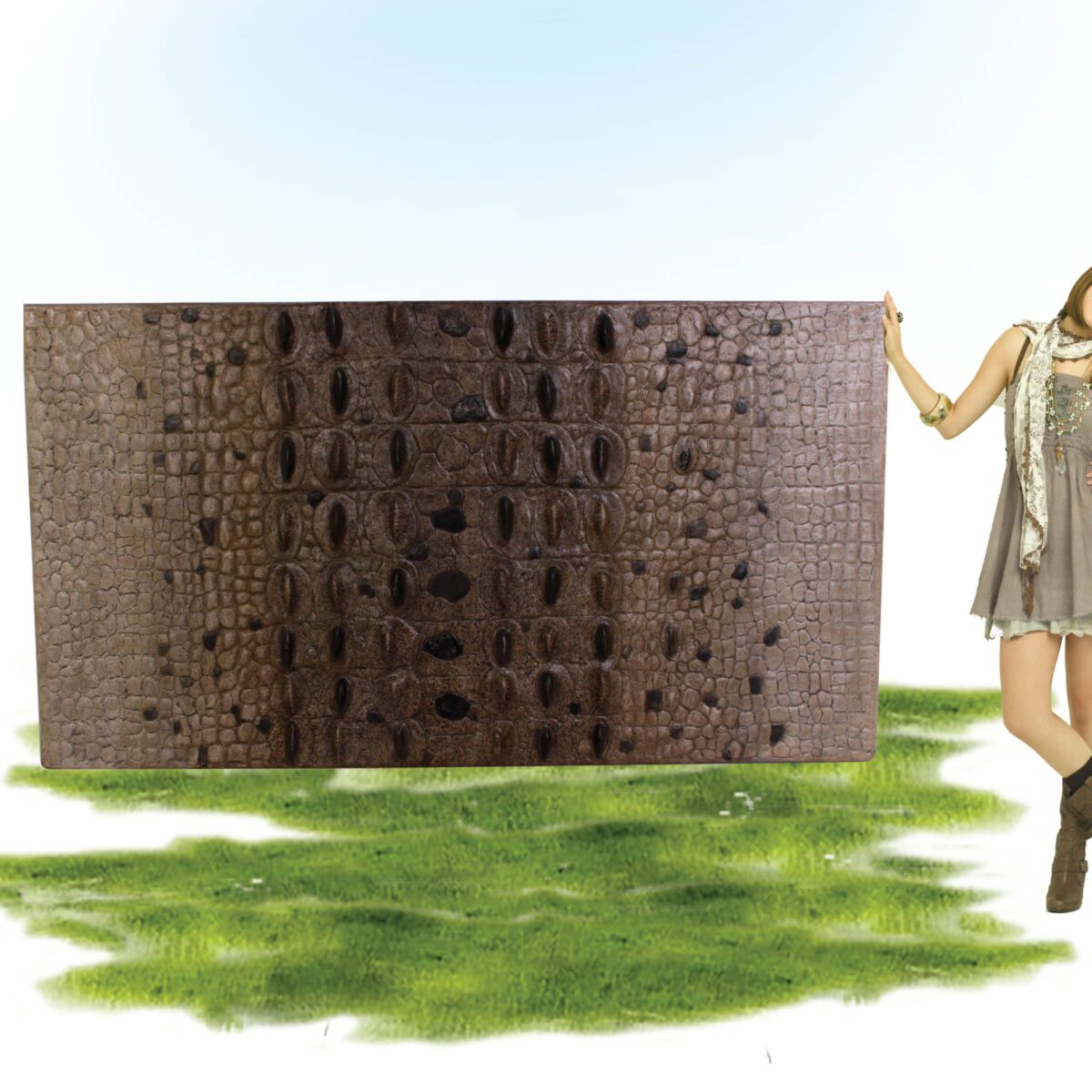Natureworks Australia Crocodile Skin Panel / Wall or Ceiling - large scaled - 220cm long - 28kg - SKU 100071 - shown with lady