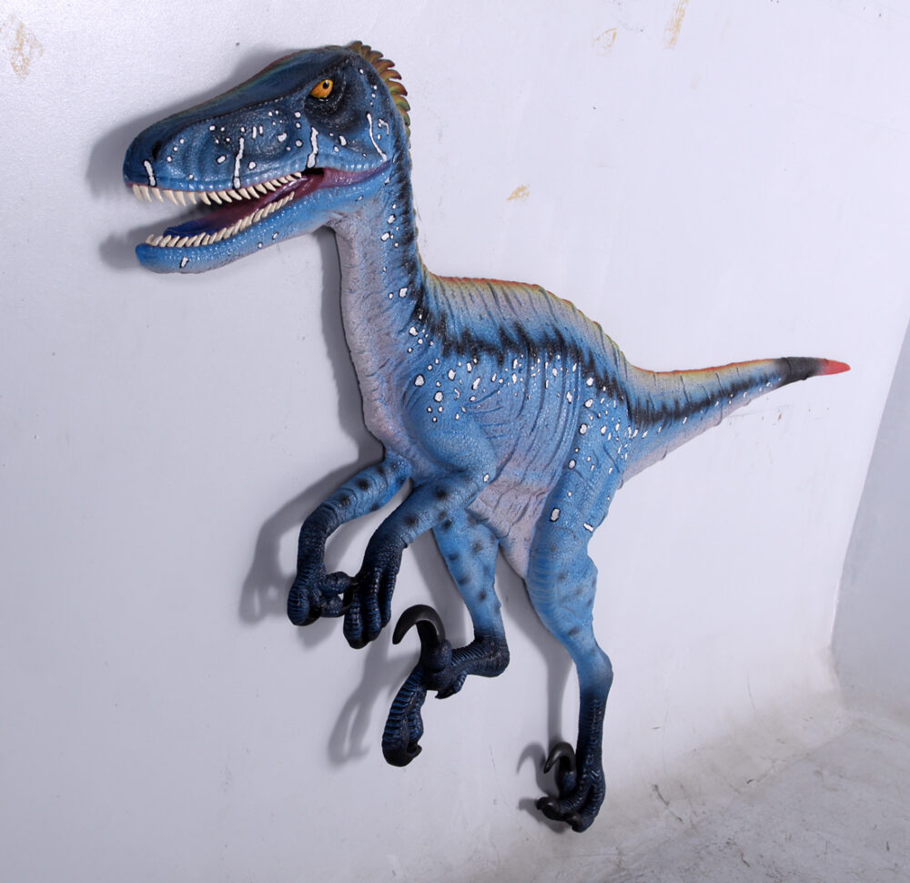 Natureworks Australia Deinonychus Dinosaur Wall Decor - Blue -3D with flat back - ideal as a bedhead, wall decor or themed exhibit - SKU 140029- shown on angle view - note the 3d legs and feet