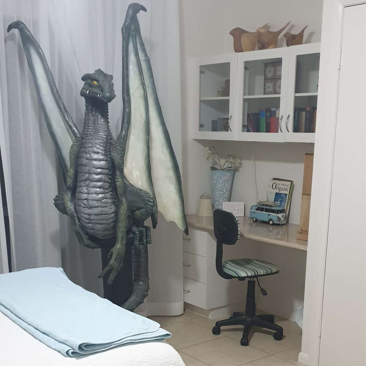 Natureworks Australia Dragon Griffin -on pedestal Shown in Bedroom setting-080081
