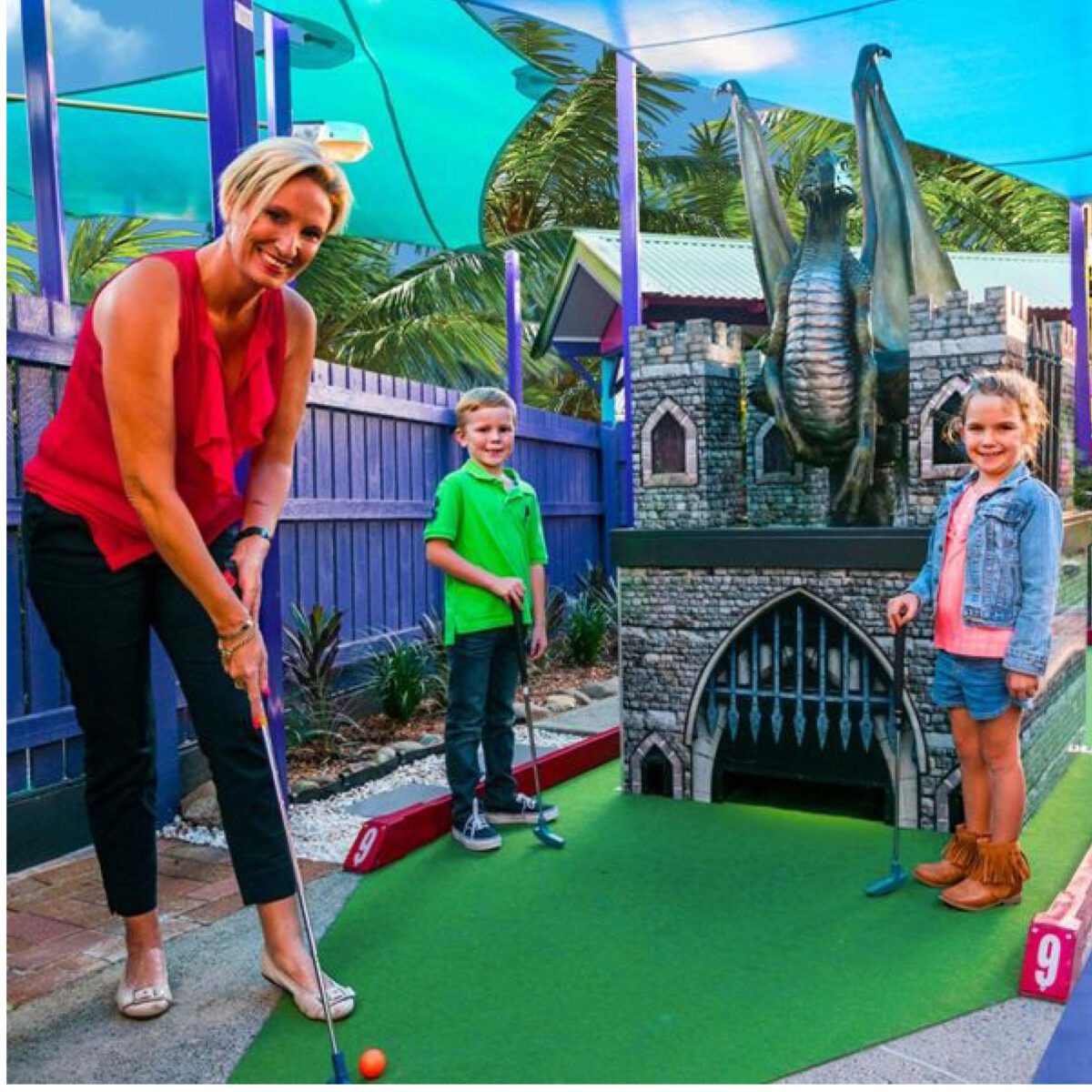 Natureworks Australia Dragon Griffin -on pedestal - shown displayed in mini-golf course - Paradise resort - Gold Coast - 080081