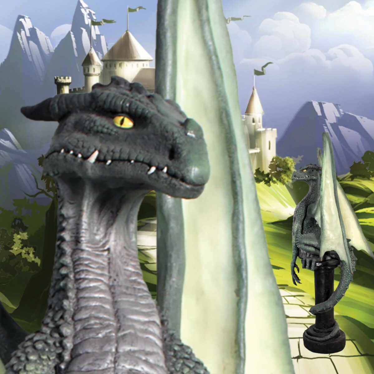 Natureworks Australia Dragon Griffin -on pedestal - shown with fantasy castle background - 080081