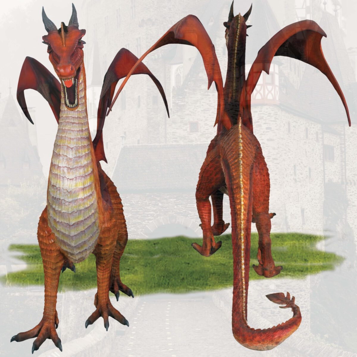 Natureworks Australia Dragon STanding - 7ft Red - 100043- shown on float at medieval festival - front and rear view