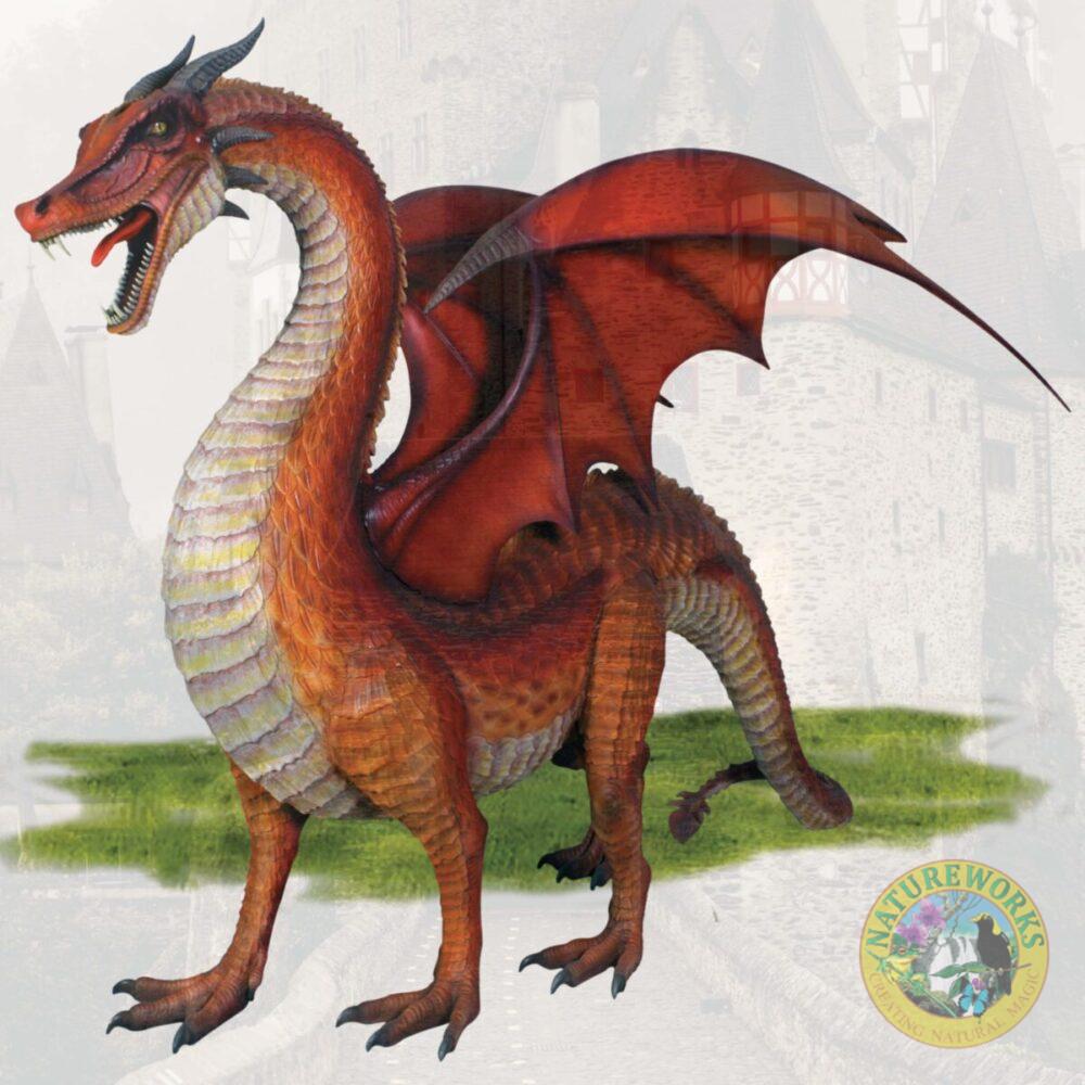 Dragon STanding - 7ft Red - 100043- shown on float at medieval festival - front angle view