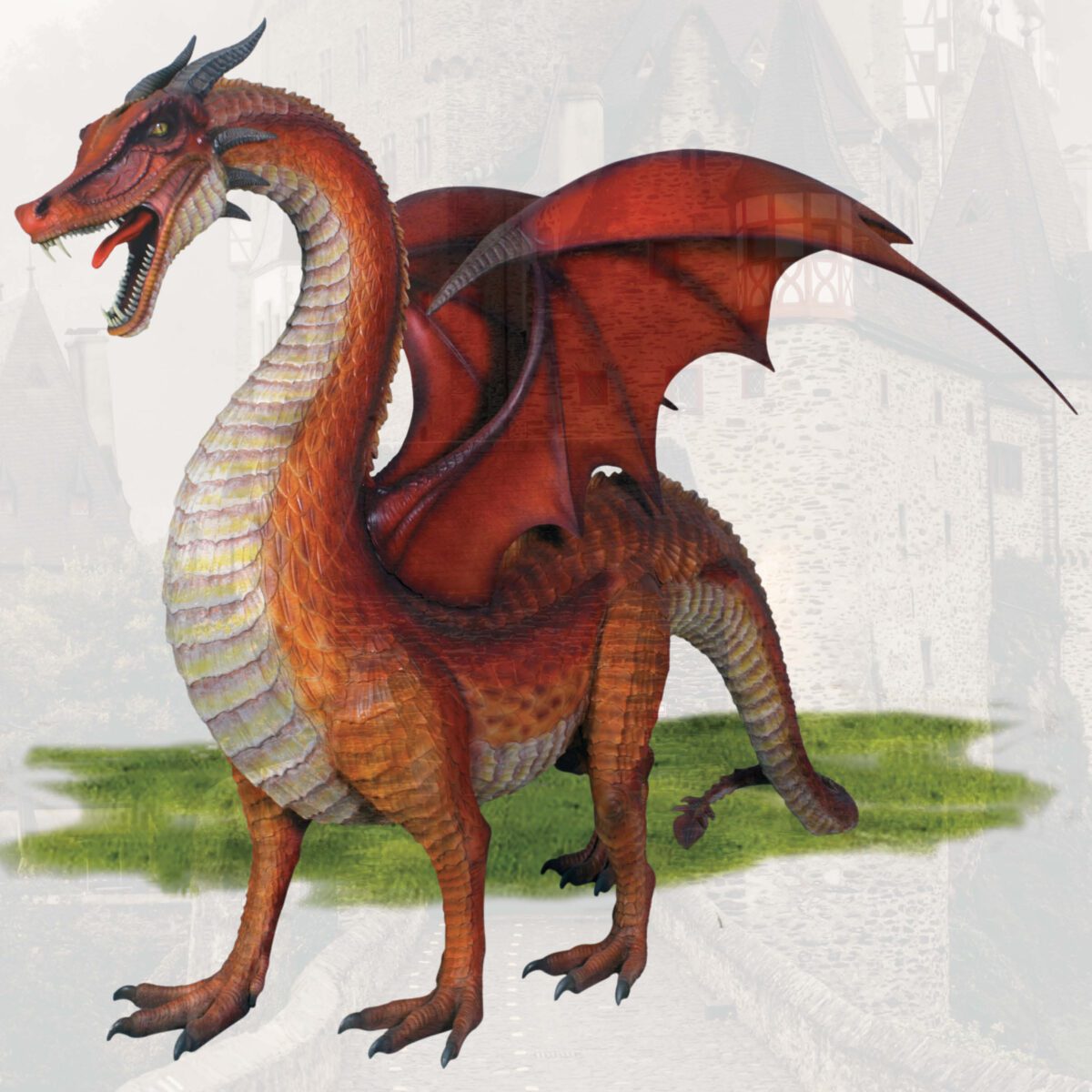 Natureworks Australia Dragon STanding - 7ft Red - 100043- shown on float at medieval festival - front angle view