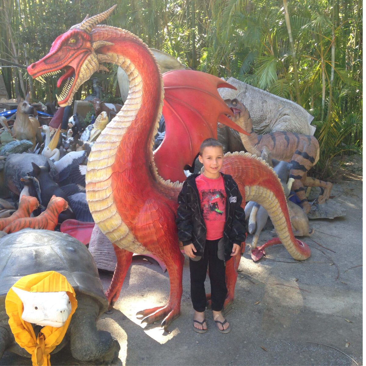 Natureworks Australia Dragon STanding - 7ft Red - 100043- shown on float at medieval festival - shown with little boy