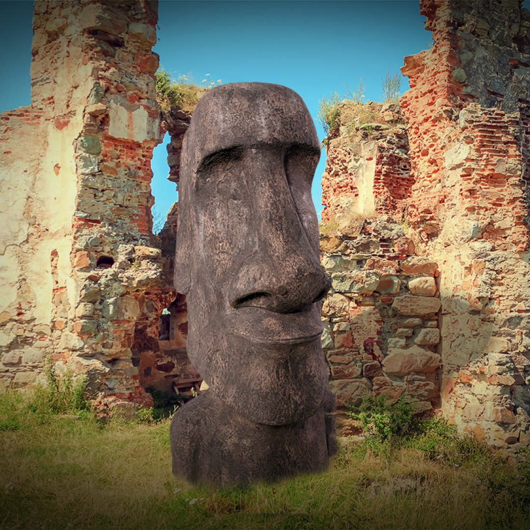 Natureworks Australia Easter Islan Moai Head - 6ft - 090076CC - Cement finish - very heavy - shown with ruins in background