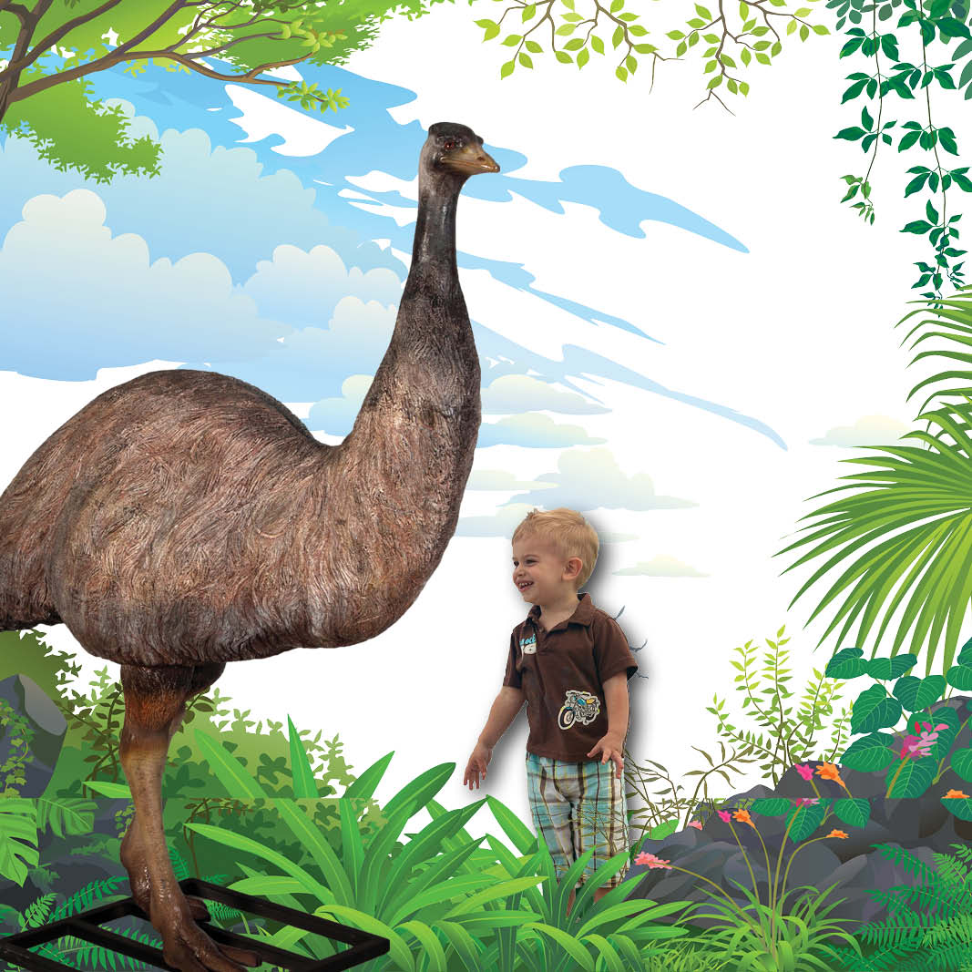 Natureworks Australia Emu Bird 176cm tall -angle view-with little boy -080043 with plant background