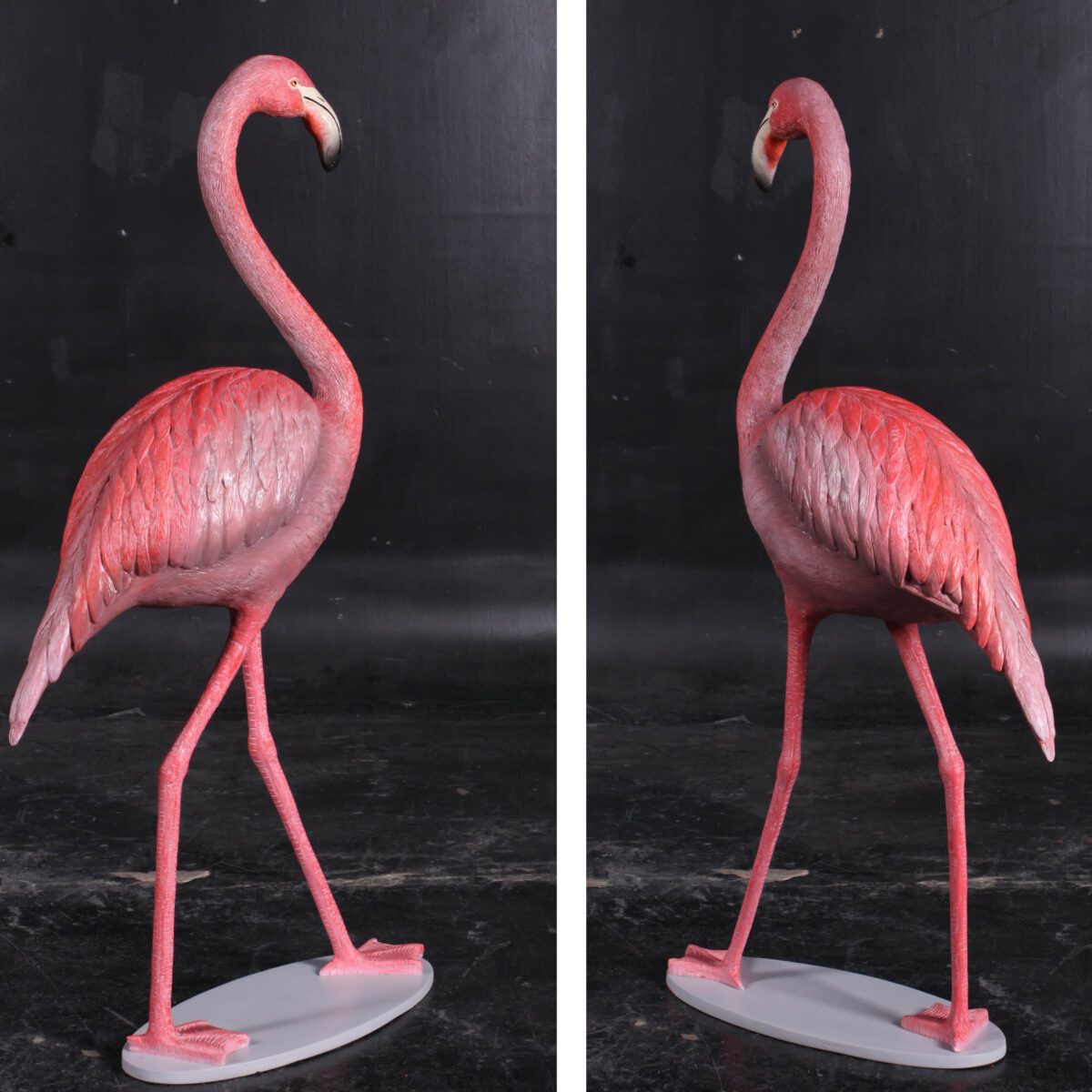 Natureworks Australia Flamingo Pink - Bird - 110038P - standing pose on oval base plate - long skinny legs and elegant necks- perfect for tropical themed events - showing lleft and right rear angle view