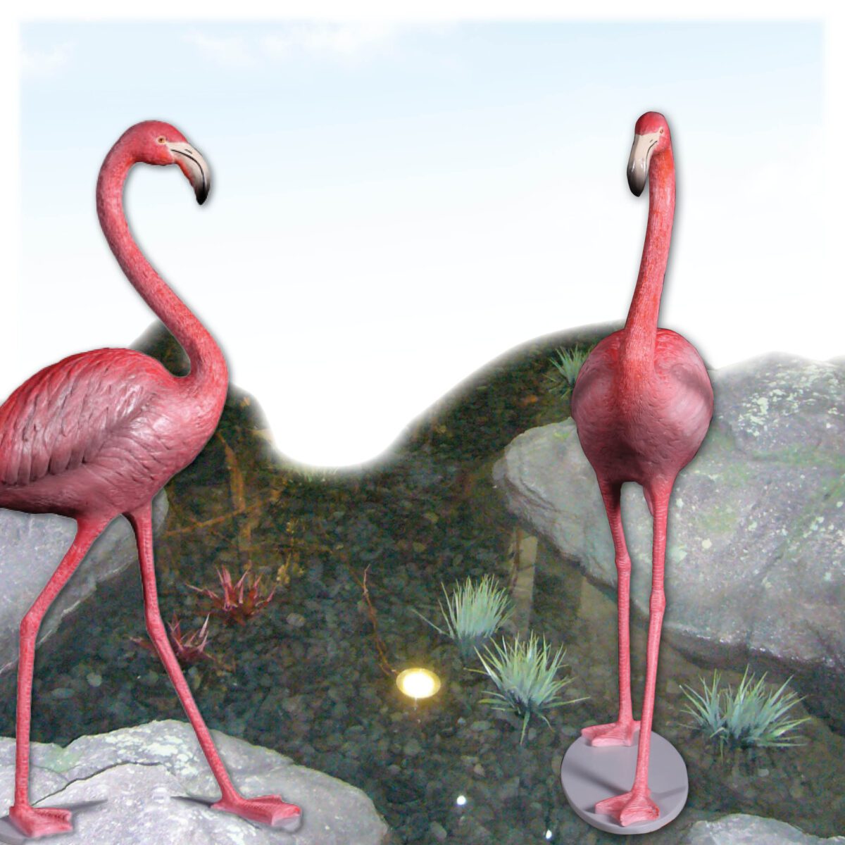 Natureworks Australia Flamingo Pink - Bird - 110038P - standing pose on oval base plate - long skinny legs and elegant necks- perfect for tropical themed events- shown wading in water