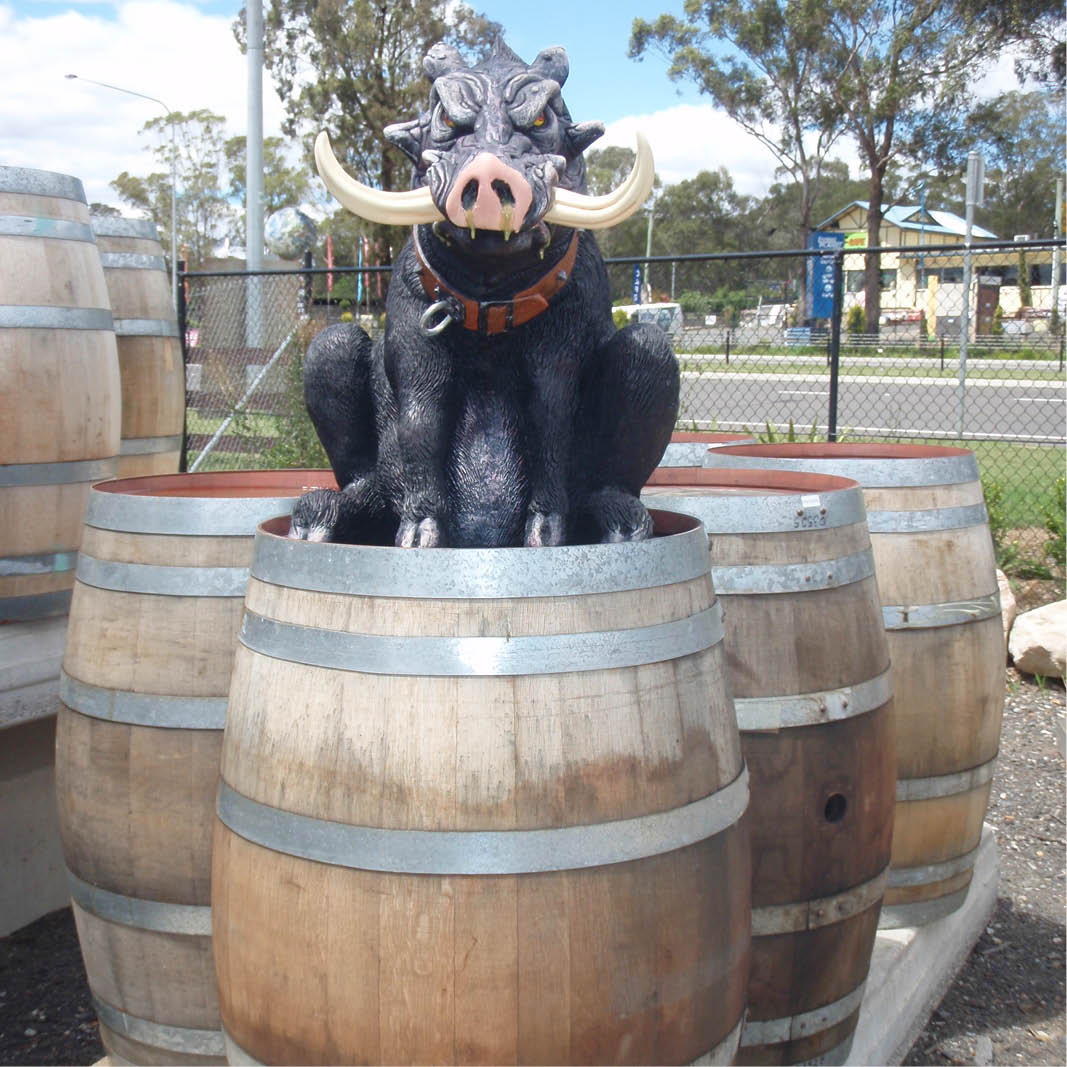 Natureworks Australia Fugly the guard hog on barrel with chain