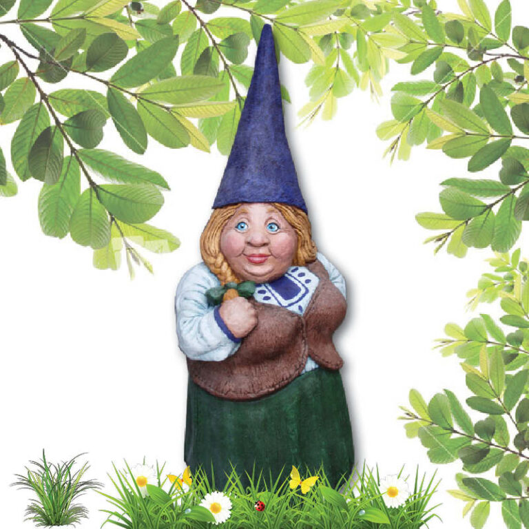 Garden Gnome Femal 100100 shown in garden setting V2 1 sculpture -
