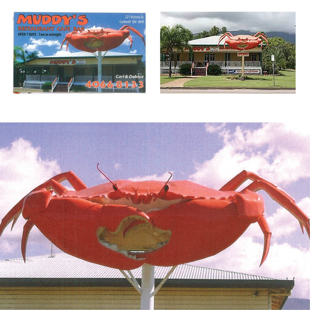 Giant Crab On Post Cardwell Muddys Restaurant cafe in situ