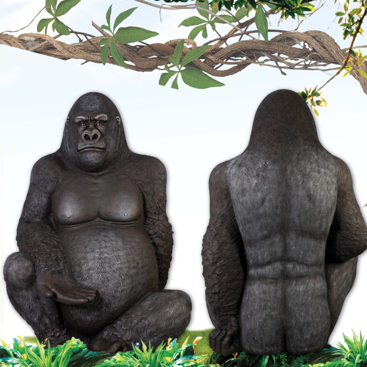 Natureworks Australia Giant Gorilla - Silverback in sitting posse - 8ft high black statue - 110088- showing fron and rear view