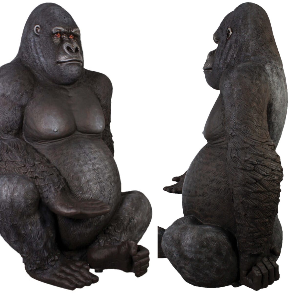 Natureworks Australia Giant Gorilla - Silverback in sitting pose - 8ft high black statue - 110088- side and angle view