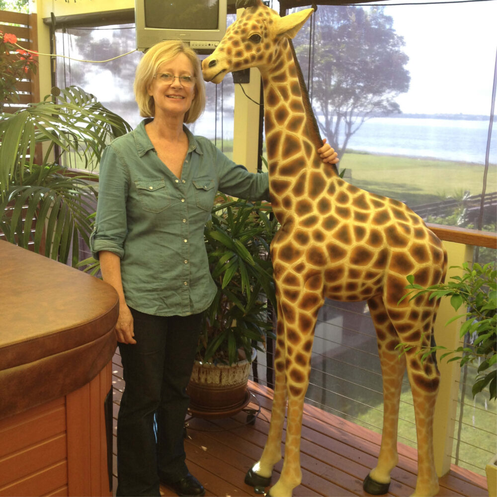 Giraffe Statue 6ft Rothchild for sale or hire - 120004 - shown with Chris