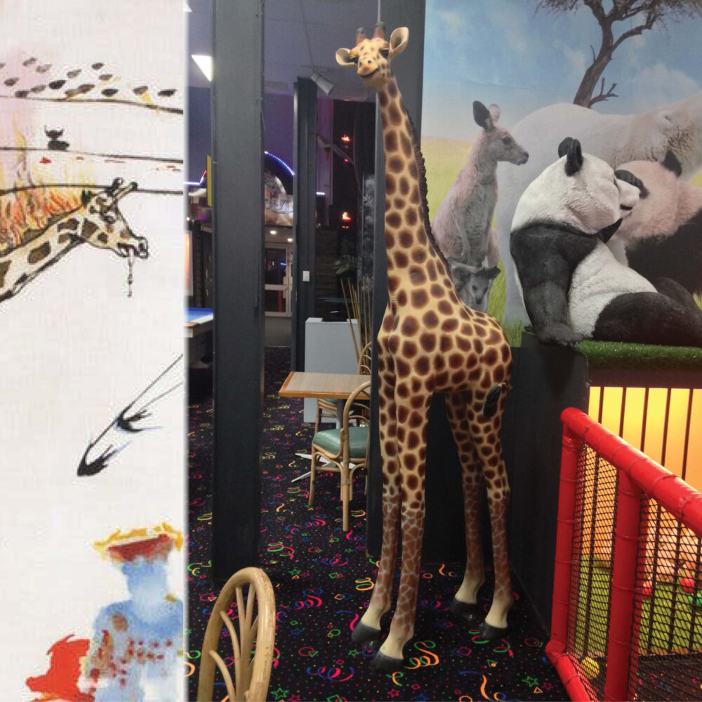 Giraffe Statue 6ft Rothchild for sale or hire - 120004 - shown in indoor play centre
