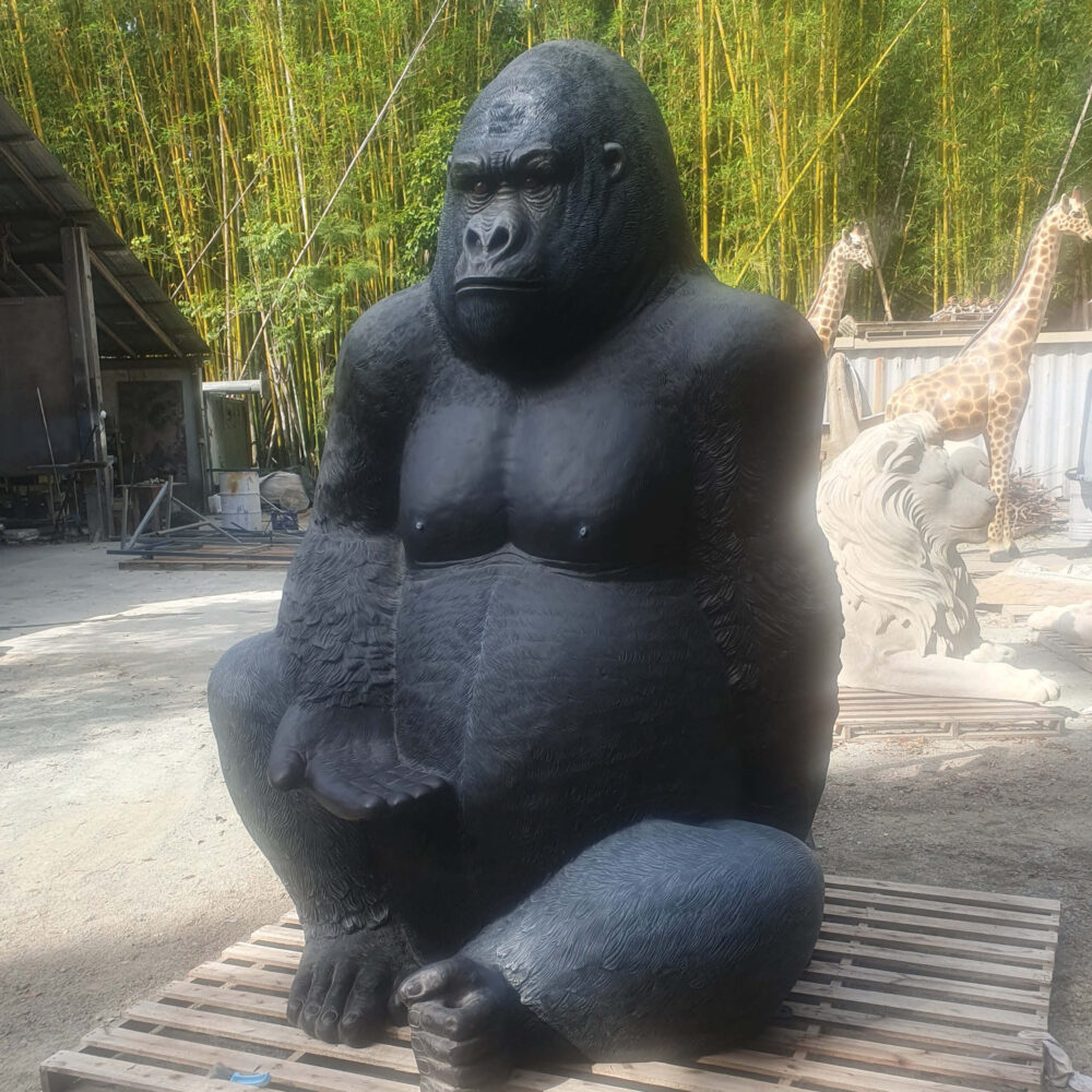 Giant Gorilla - Silverback in sitting posse - 8ft high black statue - 110088- shown at Natureworks studio
