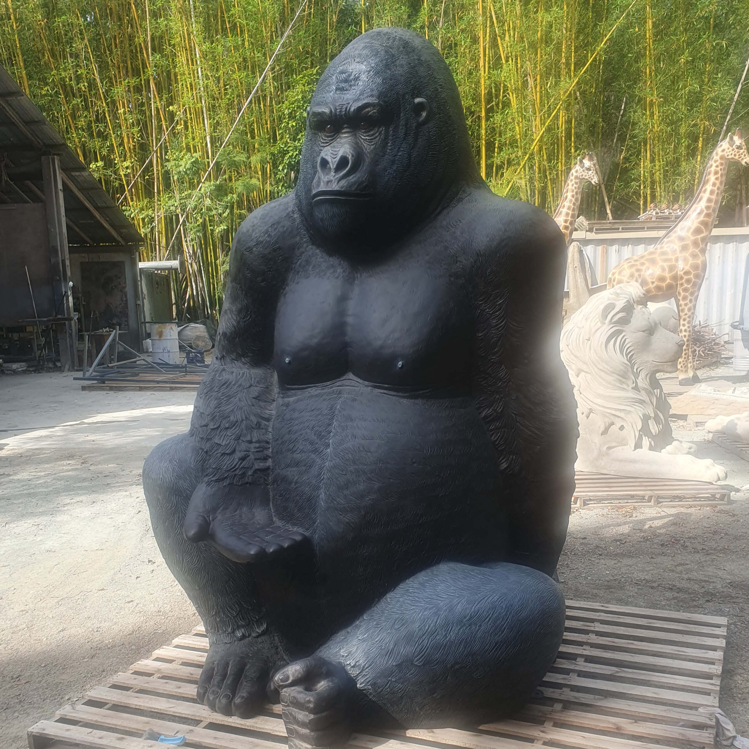 Natureworks Australia Giant Gorilla - Silverback in sitting posse - 8ft high black statue - 110088- shown at Natureworks studio